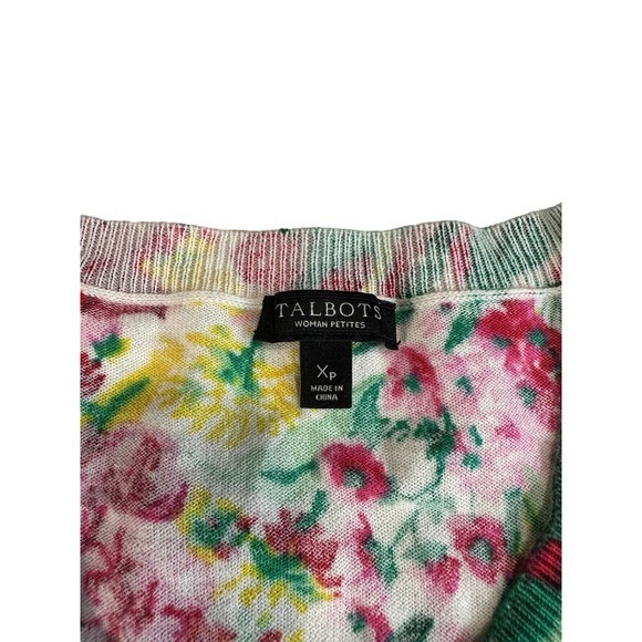 Talbots Womens Sweater XP Pink Green Botanical Floral Crew 3/4 Sleeves Pullover - Picture 6 of 7